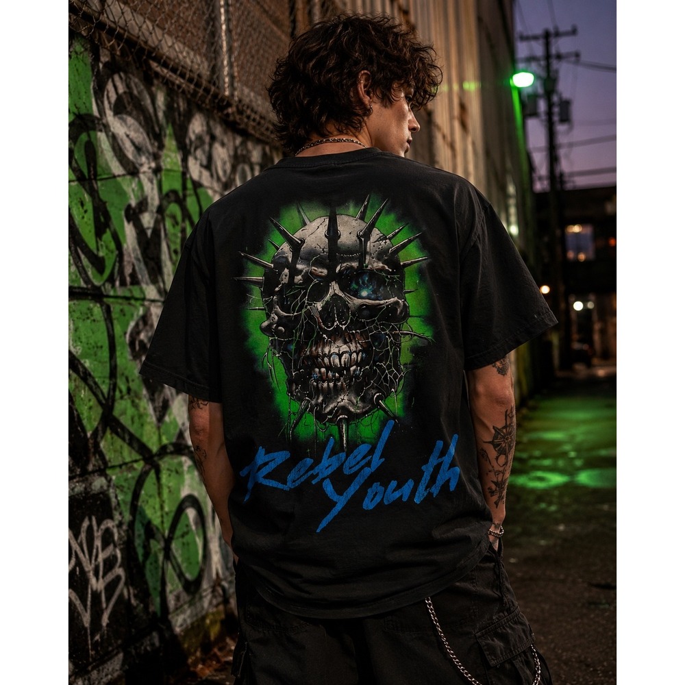 CULT Rebel Youth Spiked Skull‎ Graphic T-Shirt Mens Medium Black Neon Green Blue